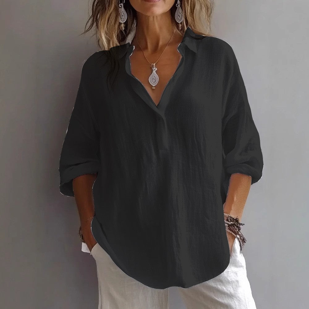 Women’s Casual Linen Shirt with Button Placket and Wide Sleeves