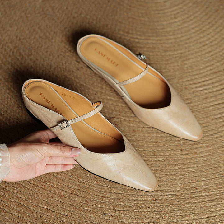 Women's Genuine Leather Pointed Toe Mule Flats Buckle Strap