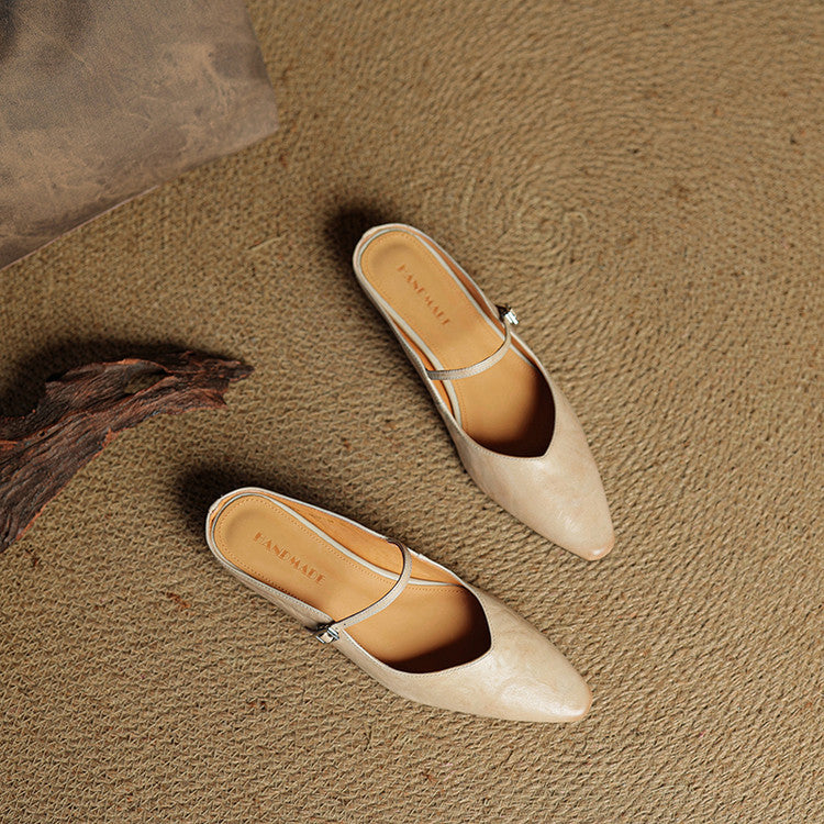 Women's Genuine Leather Pointed Toe Mule Flats Buckle Strap