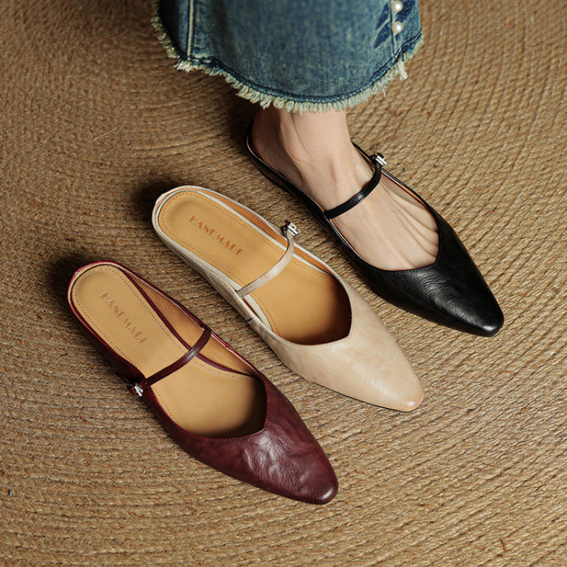 Women's Genuine Leather Pointed Toe Mule Flats Buckle Strap