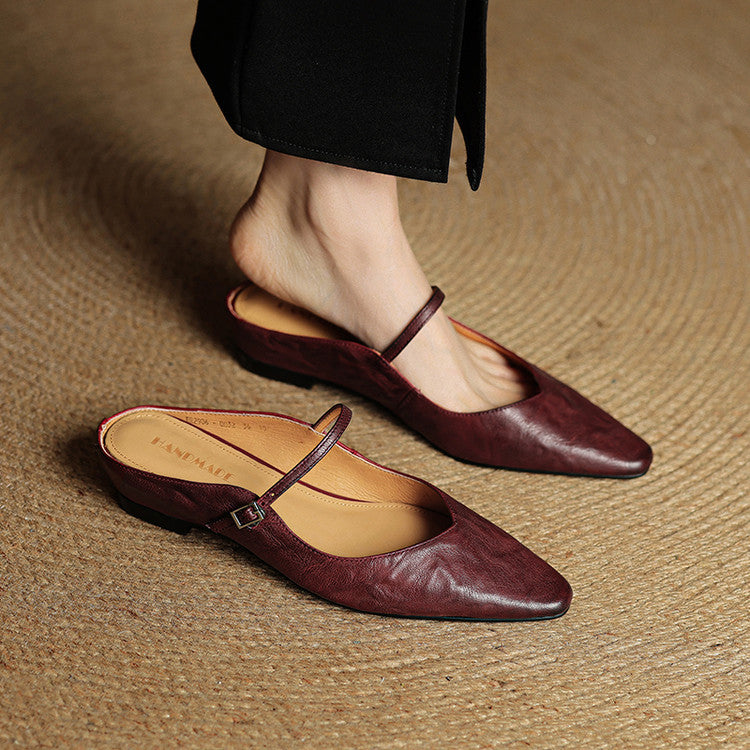 Women's Genuine Leather Pointed Toe Mule Flats Buckle Strap