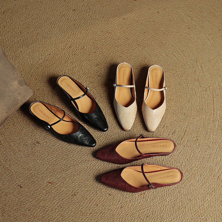 Women's Genuine Leather Pointed Toe Mule Flats Buckle Strap