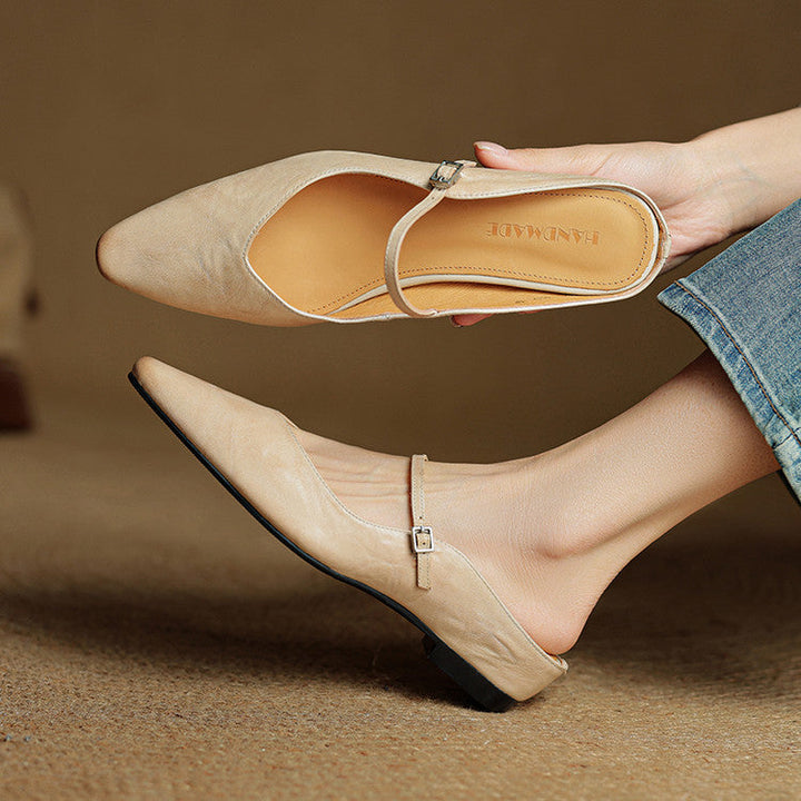 Women's Genuine Leather Pointed Toe Mule Flats Buckle Strap