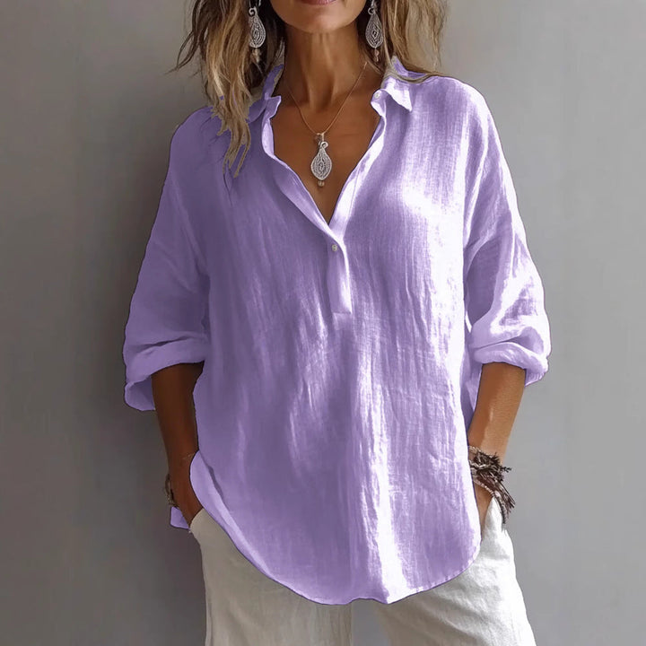 Women’s Casual Linen Shirt with Button Placket and Wide Sleeves