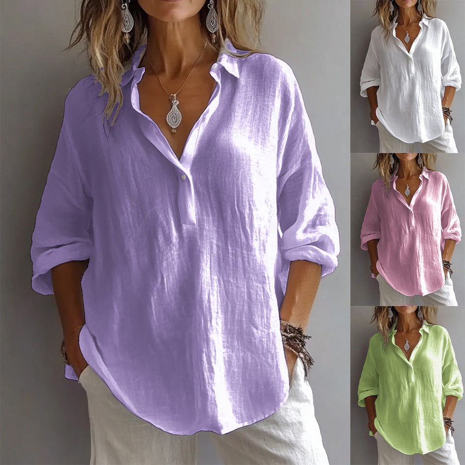 Women’s Casual Linen Shirt with Button Placket and Wide Sleeves