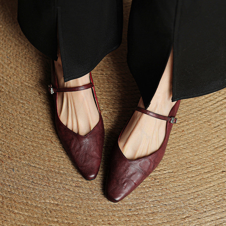 Women's Genuine Leather Pointed Toe Mule Flats Buckle Strap