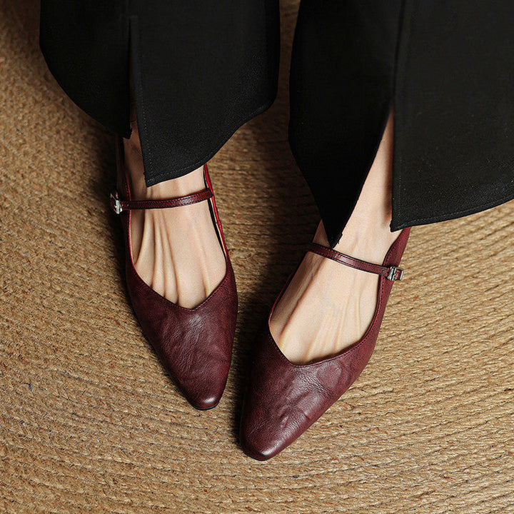 Women's Genuine Leather Pointed Toe Mule Flats Buckle Strap