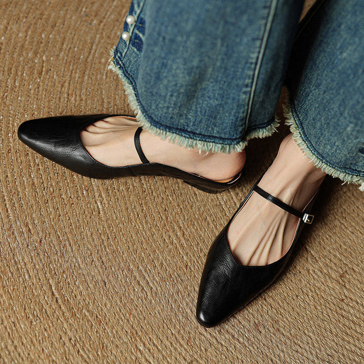 Women's Genuine Leather Pointed Toe Mule Flats Buckle Strap