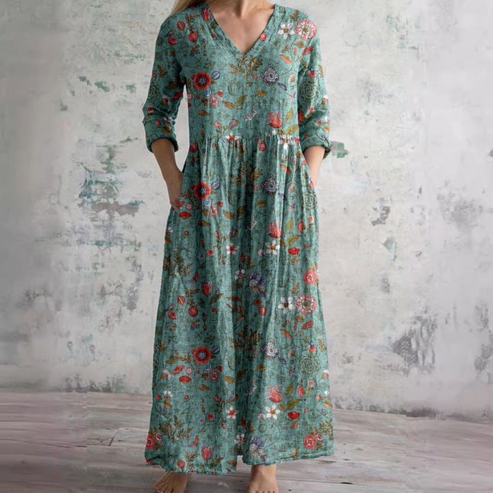 Women's Floral Print V-Neck Maxi Dress Long Sleeve