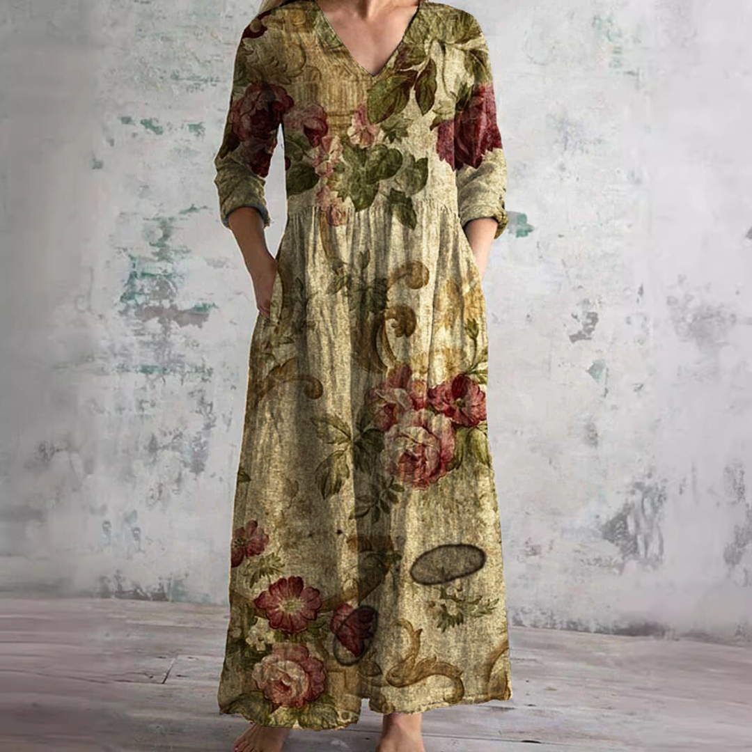 Women's Floral Print V-Neck Maxi Dress Long Sleeve