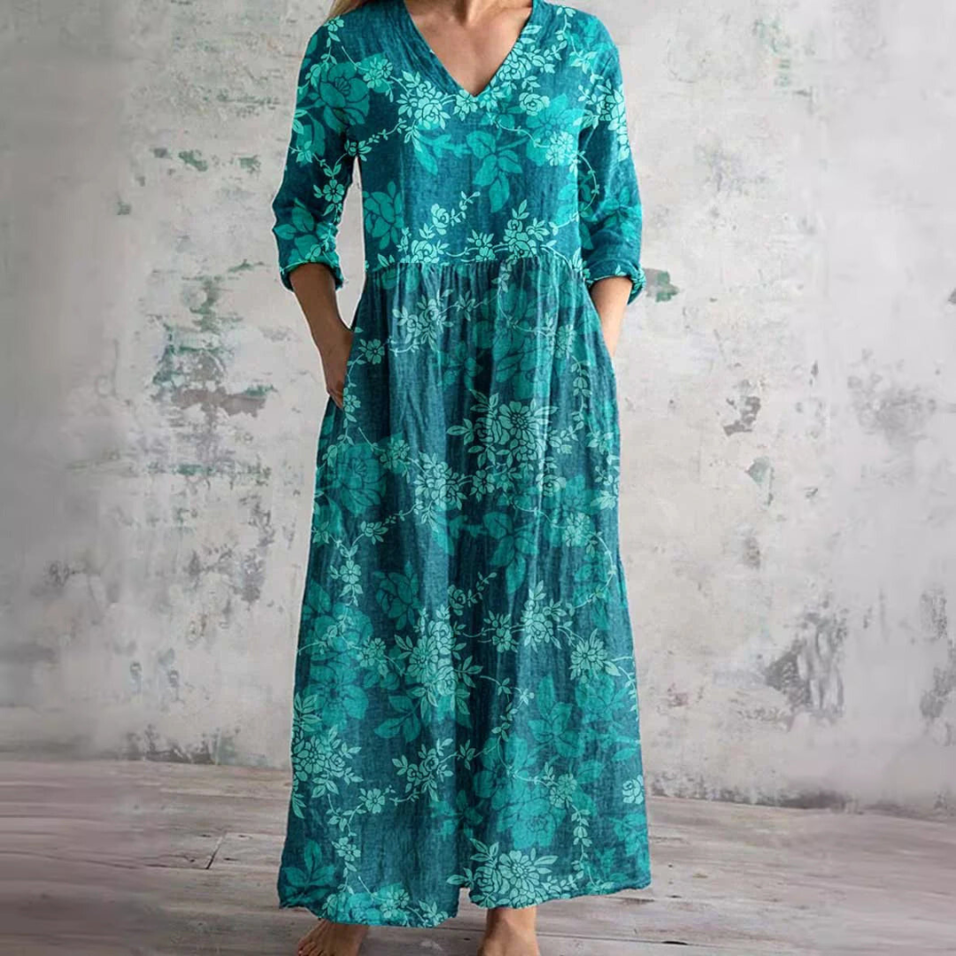 Women's Floral Print V-Neck Maxi Dress Long Sleeve