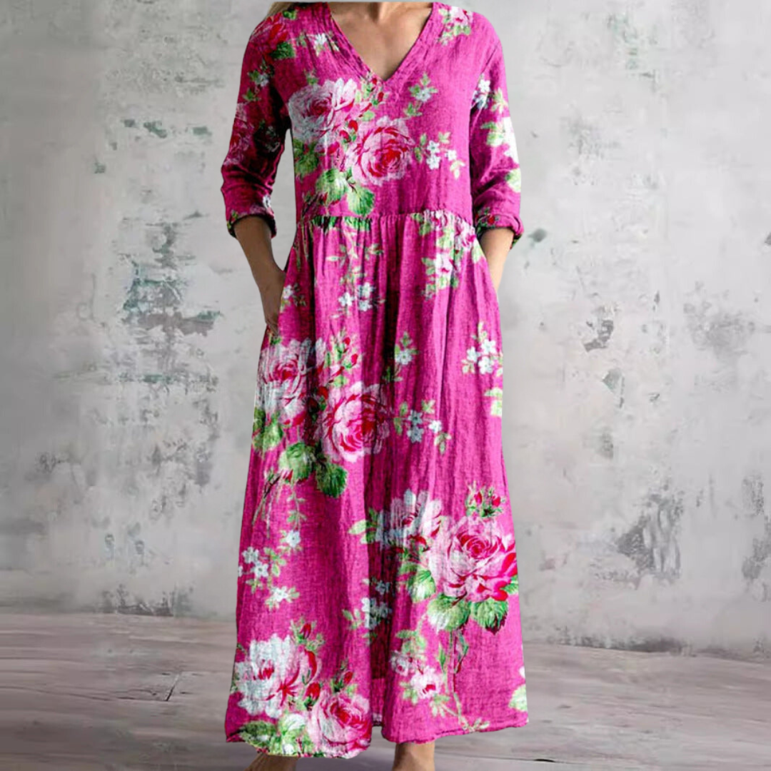 Women's Floral Print V-Neck Maxi Dress Long Sleeve
