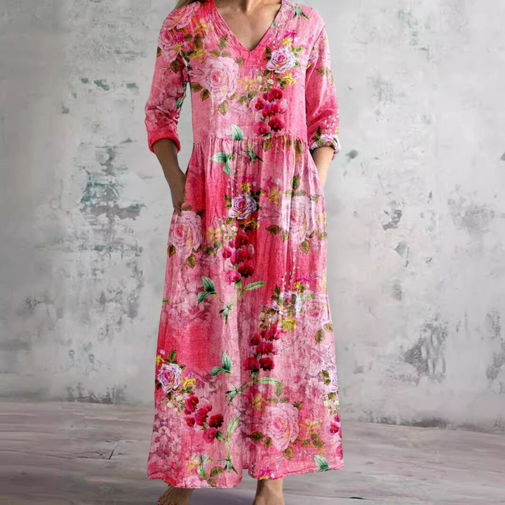 Women's Floral Print V-Neck Maxi Dress Long Sleeve