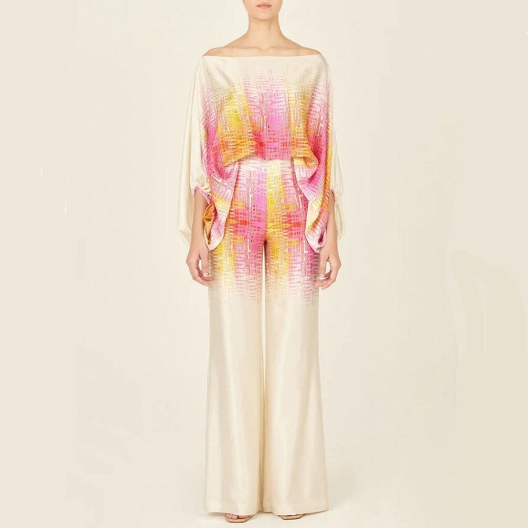 Women's Printed Two-Piece Set with One-Shoulder Top and Wide-Leg Pants