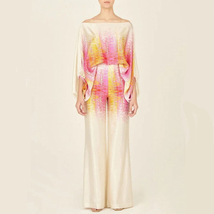 Women's Printed Two-Piece Set with One-Shoulder Top and Wide-Leg Pants