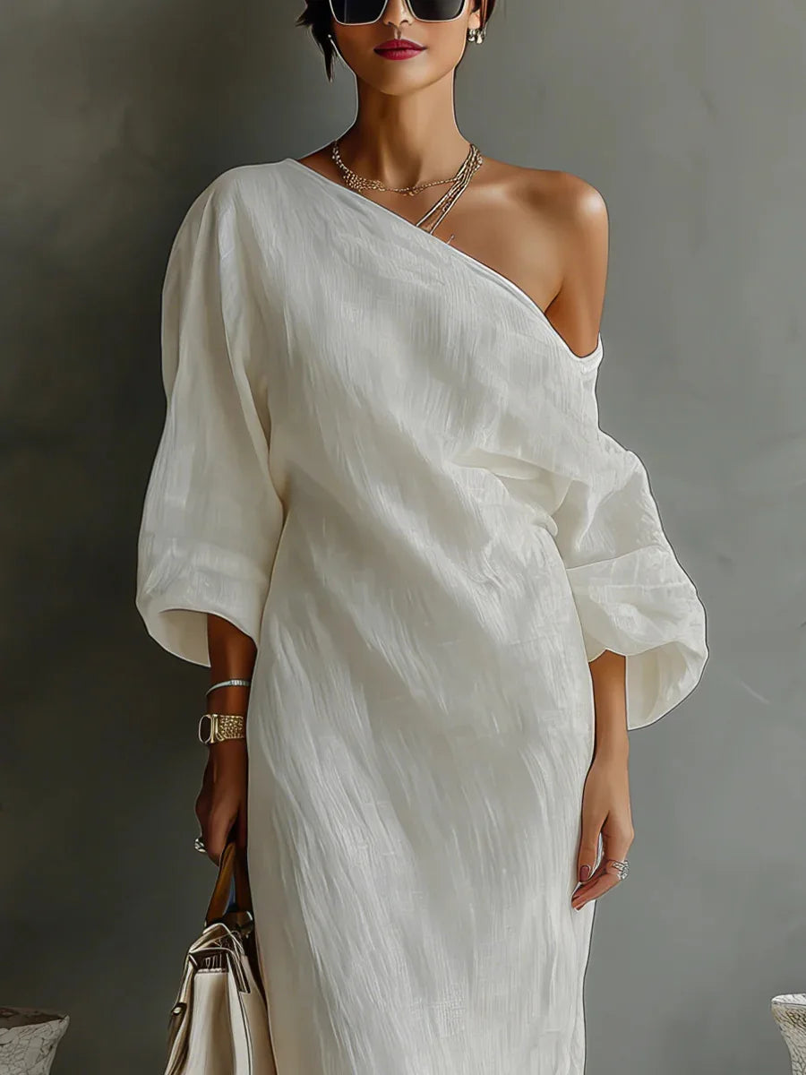 Women's One Shoulder Linen Maxi Dress Batwing Sleeve