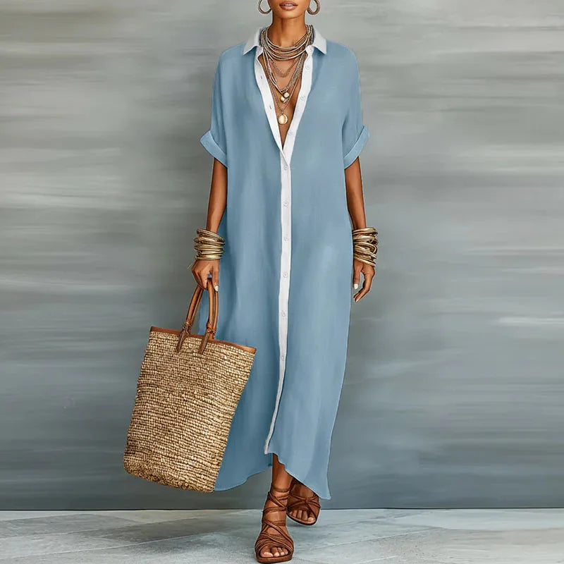 Women's Maxi Shirt Sundress with Spread Collar and Contrast Button Placket