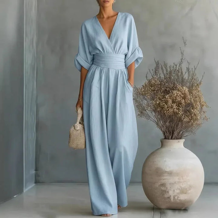 Women's V-Neck Wide Leg Jumpsuit High Waist Half Sleeve