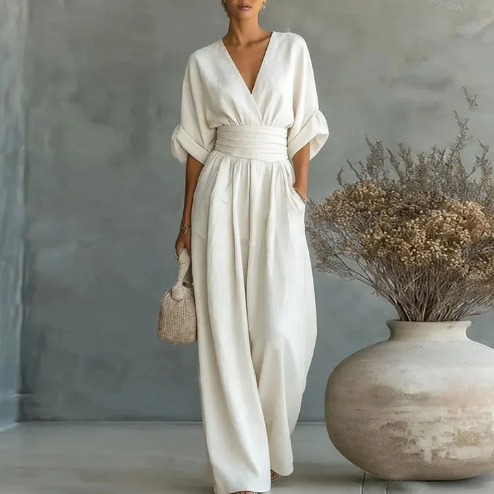 Women's V-Neck Wide Leg Jumpsuit High Waist Half Sleeve