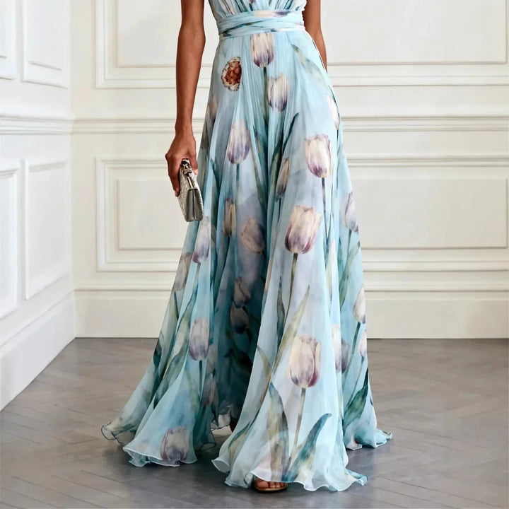 Women's Tulip Print Maxi Dress V-Neck Sleeveless Chiffon