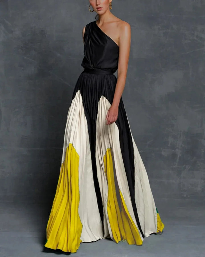 Women's Color Block Pleated Maxi Dress with One-Shoulder Neckline