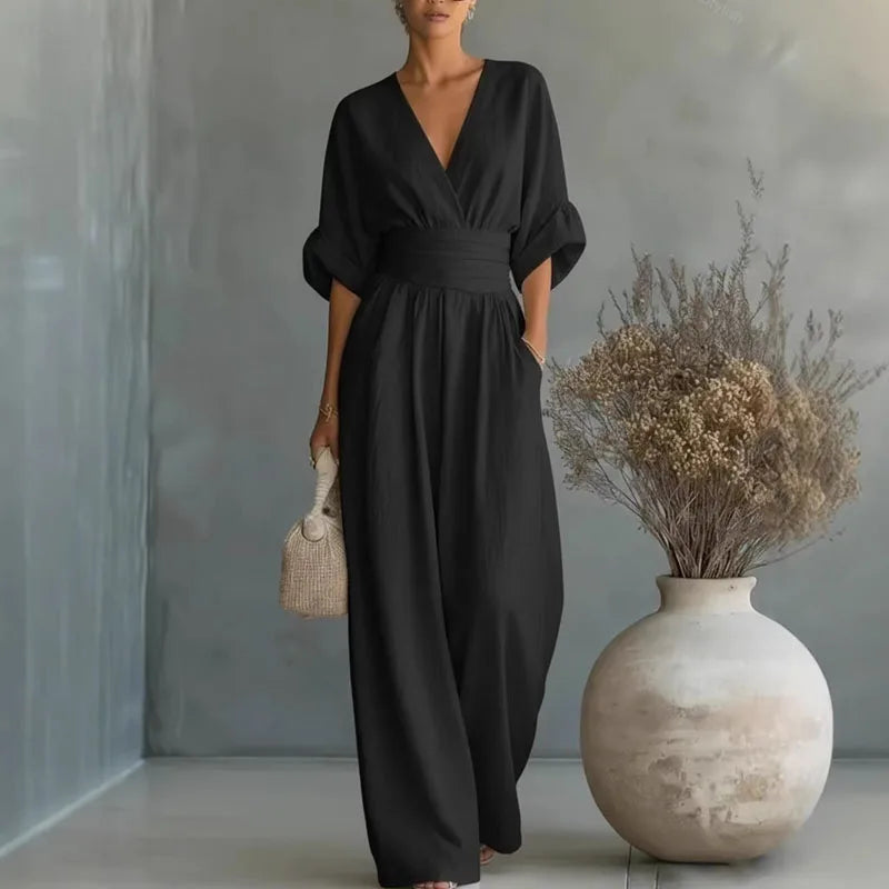 Women's V-Neck Wide Leg Jumpsuit High Waist Half Sleeve