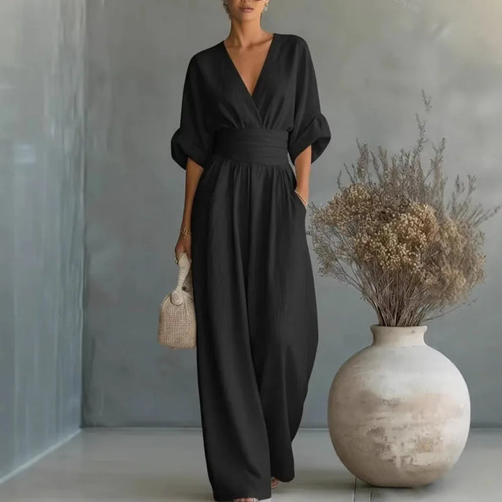 Women's V-Neck Wide Leg Jumpsuit High Waist Half Sleeve