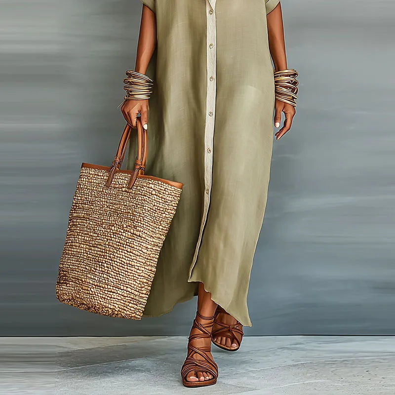 Women's Maxi Shirt Sundress with Spread Collar and Contrast Button Placket