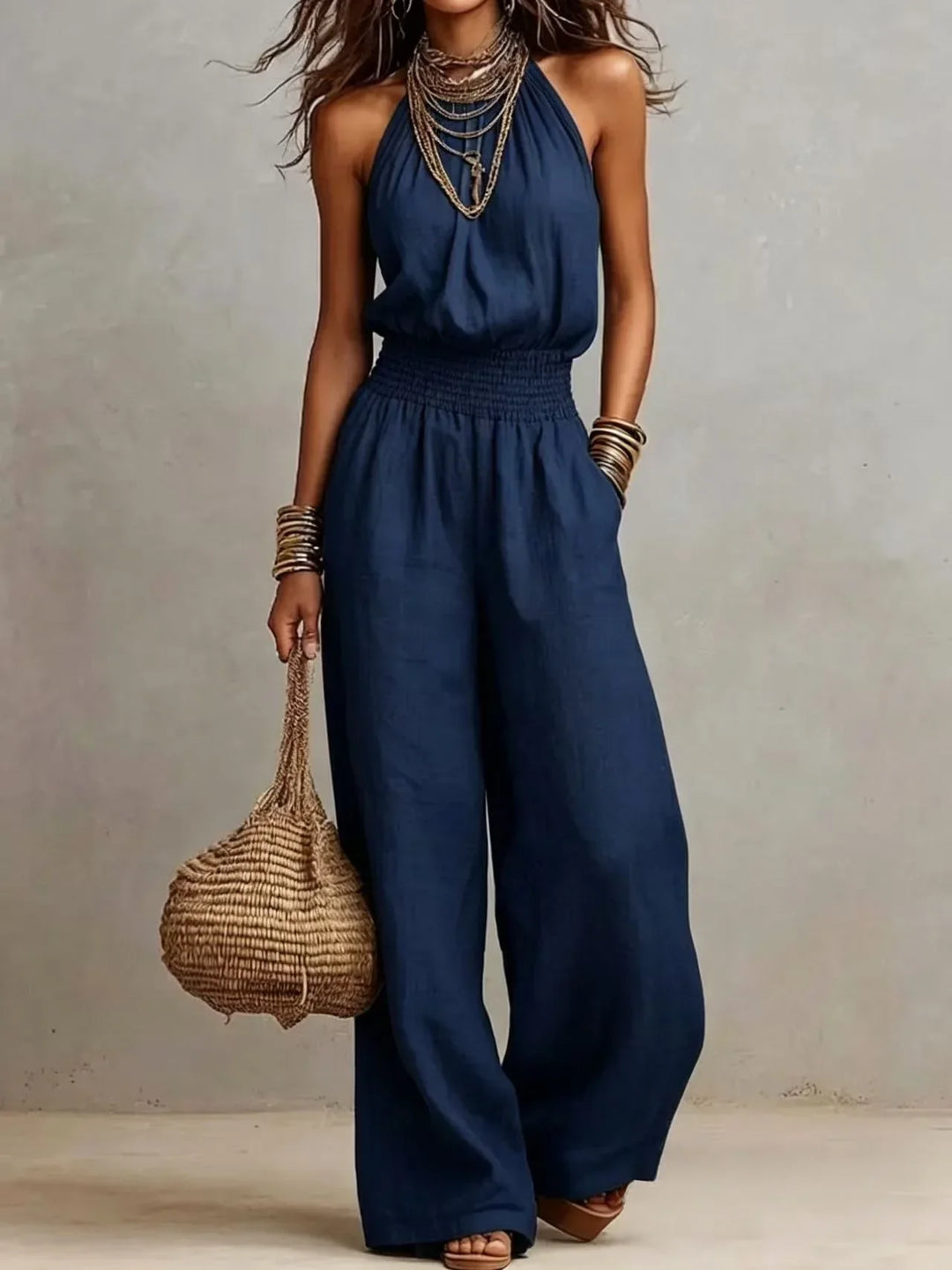 Women's Halter Neck Wide Leg Jumpsuit Elastic Waist Boho