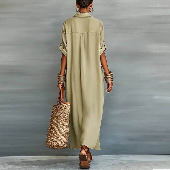 Women's Maxi Shirt Sundress with Spread Collar and Contrast Button Placket
