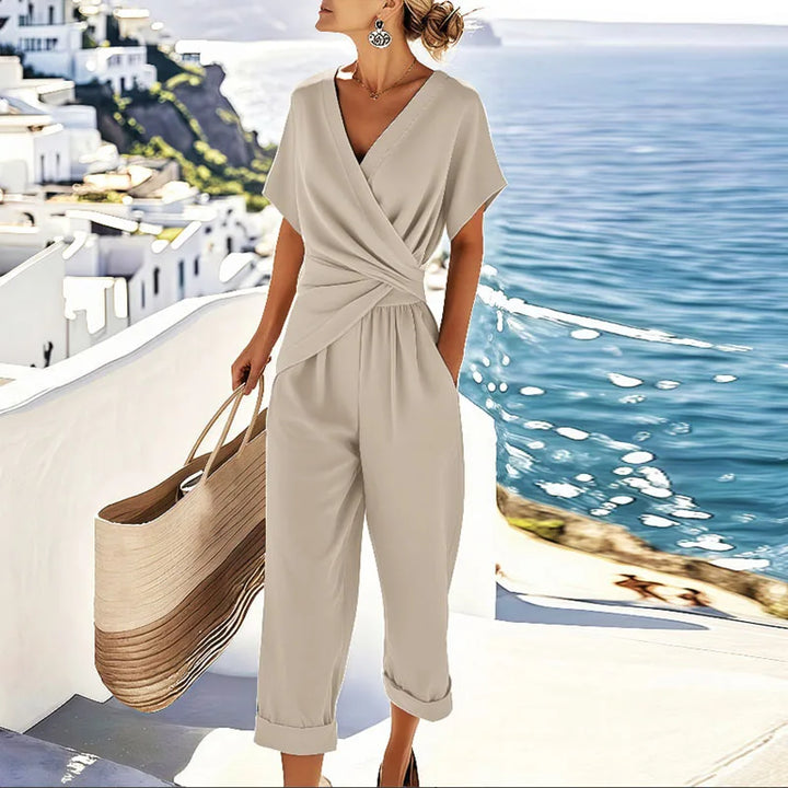 Women's Two-Piece Set with Wrap Front Top and Cropped Wide-Leg Pants