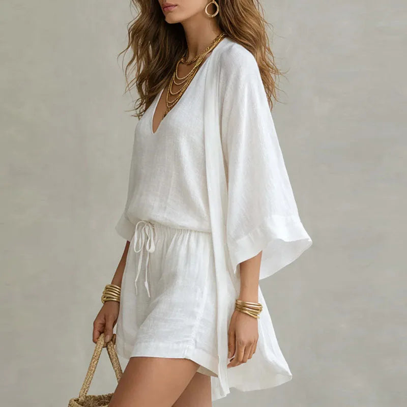 Women's Linen 3 Piece Set Kimono Cardigan Top Shorts