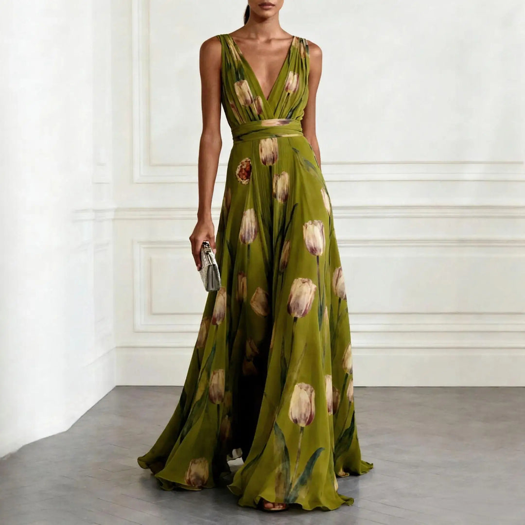 Women's Tulip Print Maxi Dress V-Neck Sleeveless Chiffon