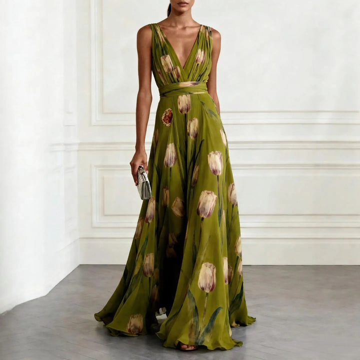 Women's Tulip Print Maxi Dress V-Neck Sleeveless Chiffon