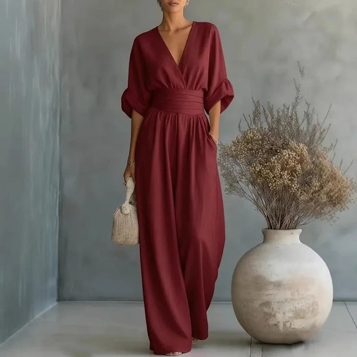 Women's V-Neck Wide Leg Jumpsuit High Waist Half Sleeve