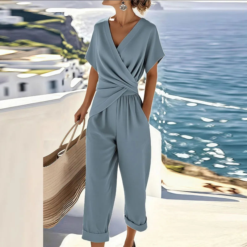 Women's Two-Piece Set with Wrap Front Top and Cropped Wide-Leg Pants