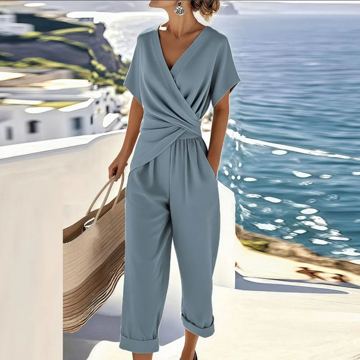 Women's Two-Piece Set with Wrap Front Top and Cropped Wide-Leg Pants