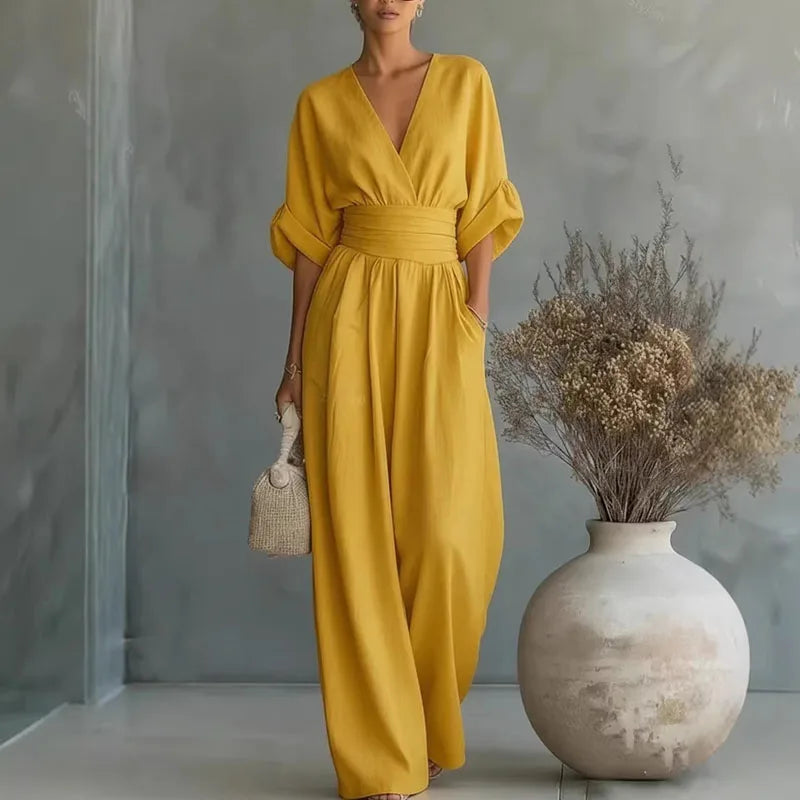 Women's V-Neck Wide Leg Jumpsuit High Waist Half Sleeve
