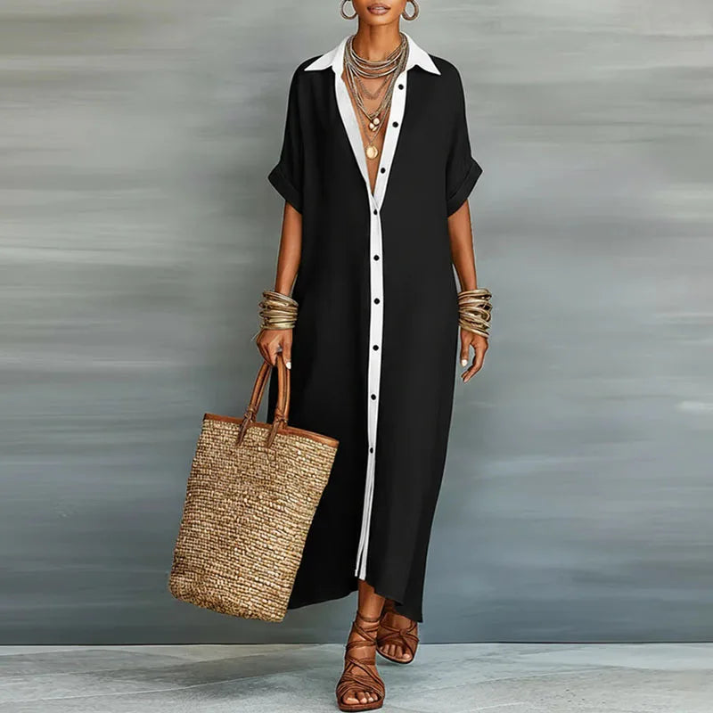 Women's Maxi Shirt Sundress with Spread Collar and Contrast Button Placket