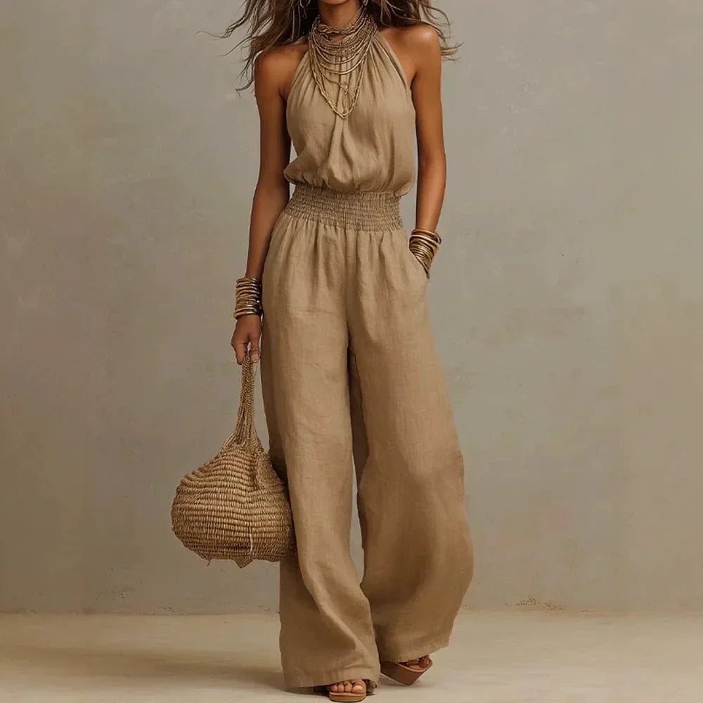 Women's Halter Neck Wide Leg Jumpsuit Elastic Waist Boho