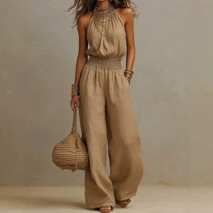 Women's Halter Neck Wide Leg Jumpsuit Elastic Waist Boho
