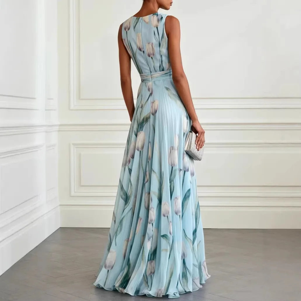 Women's Tulip Print Maxi Dress V-Neck Sleeveless Chiffon