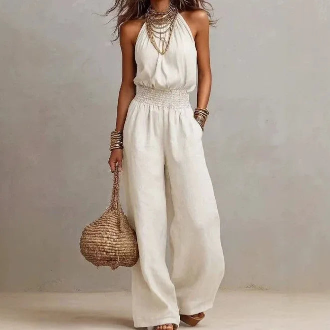 Women's Halter Neck Wide Leg Jumpsuit Elastic Waist Boho