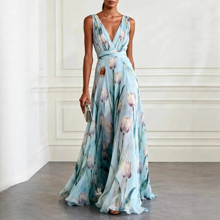 Women's Tulip Print Maxi Dress V-Neck Sleeveless Chiffon