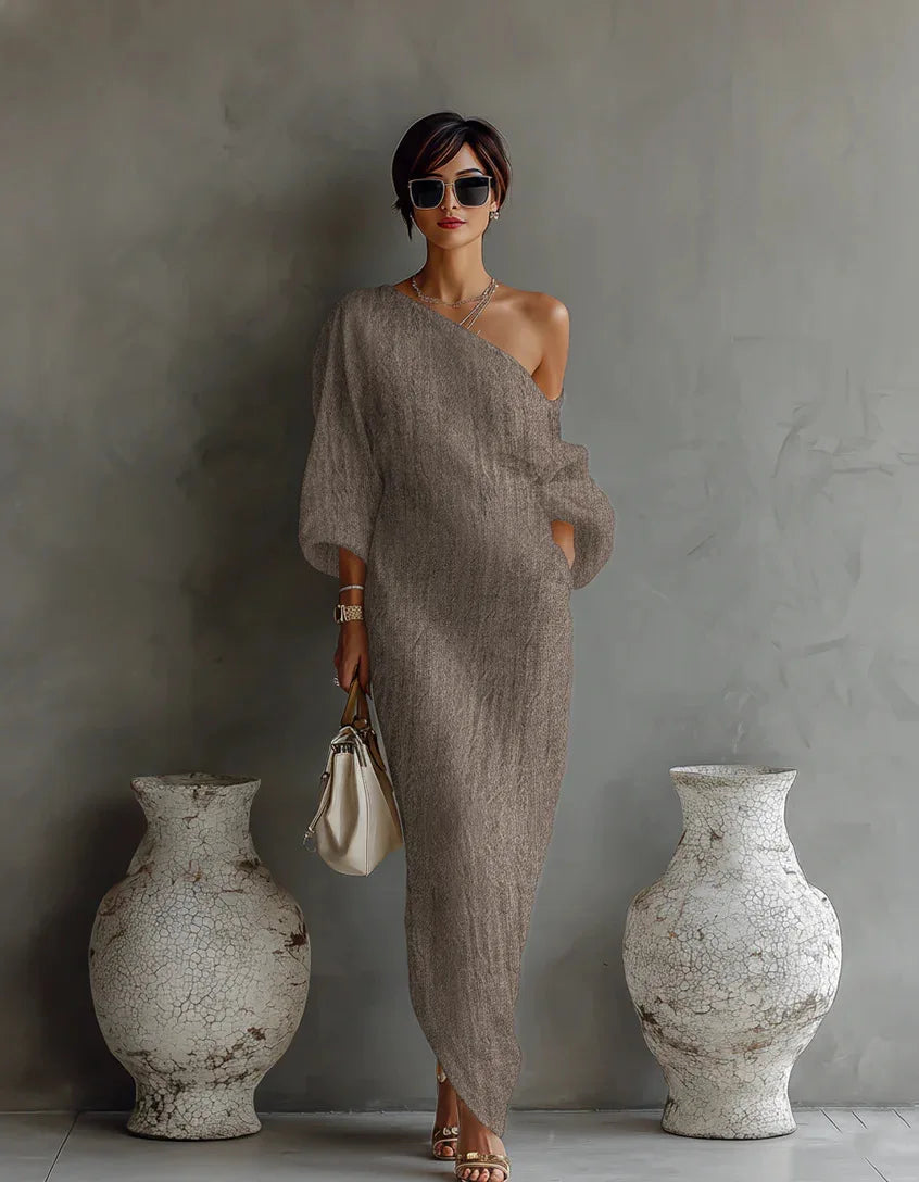 Women's One Shoulder Linen Maxi Dress Batwing Sleeve