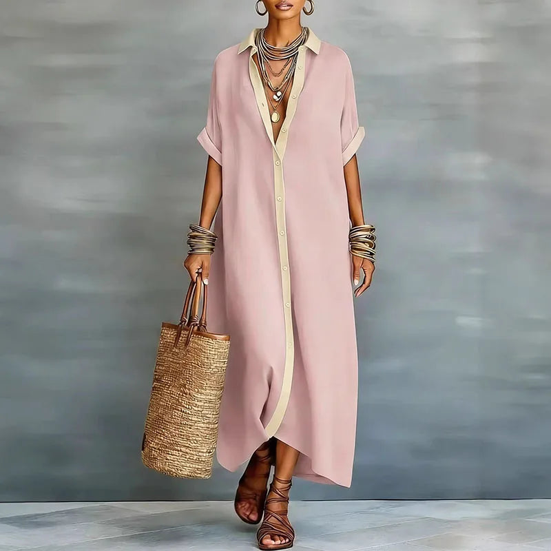 Women's Maxi Shirt Sundress with Spread Collar and Contrast Button Placket