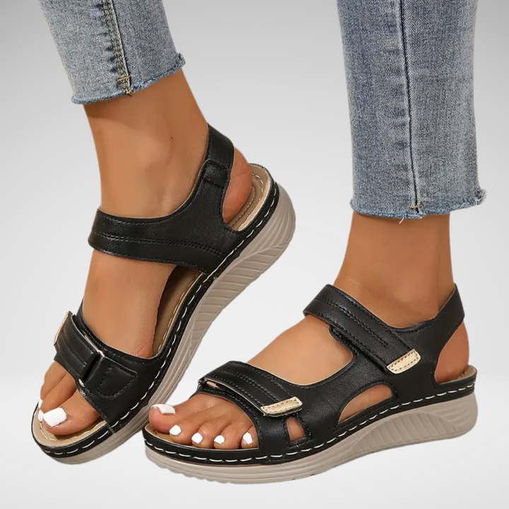 Women's Open Toe Wedge Sandals with Two Hook and Loop Straps and Gold Detail