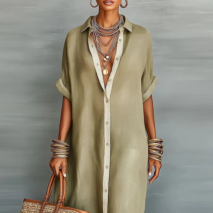Women's Maxi Shirt Sundress with Spread Collar and Contrast Button Placket