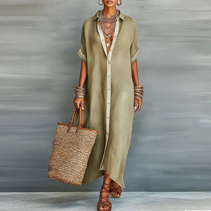 Women's Maxi Shirt Sundress with Spread Collar and Contrast Button Placket