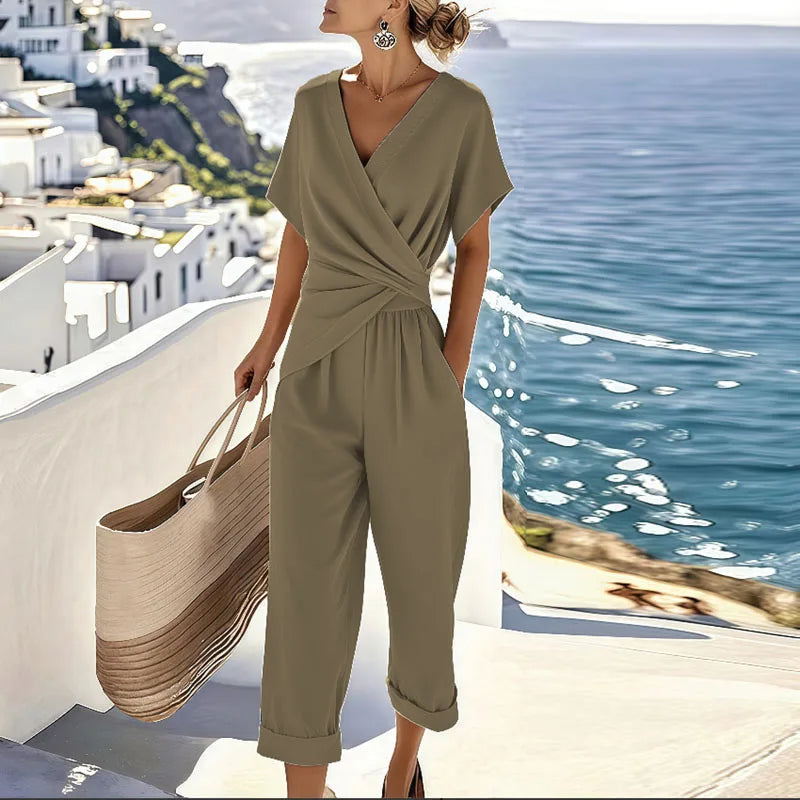Women's Two-Piece Set with Wrap Front Top and Cropped Wide-Leg Pants